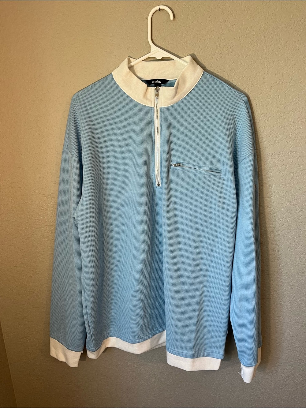Ouku Men’s Medium Light Blue Waffle Knit Quarter Zip Pullover White Trim Golf